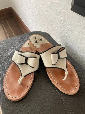 Jack Rogers Cream and Brown Leather Bow Thong Sandals